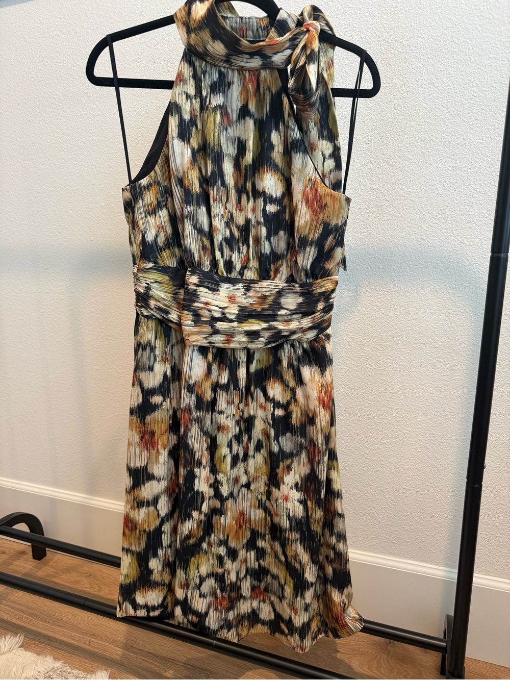 Cynthia Steffe Black, Cream & Mustard Pleated Halter Scarf-Tie Midi Dress